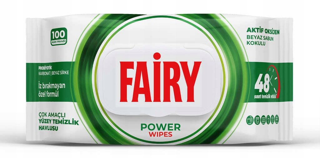 Uniwersalne chusteczki czyszczące FAIRY – Power (Świeże Zielone) – 100 dużych sztuk